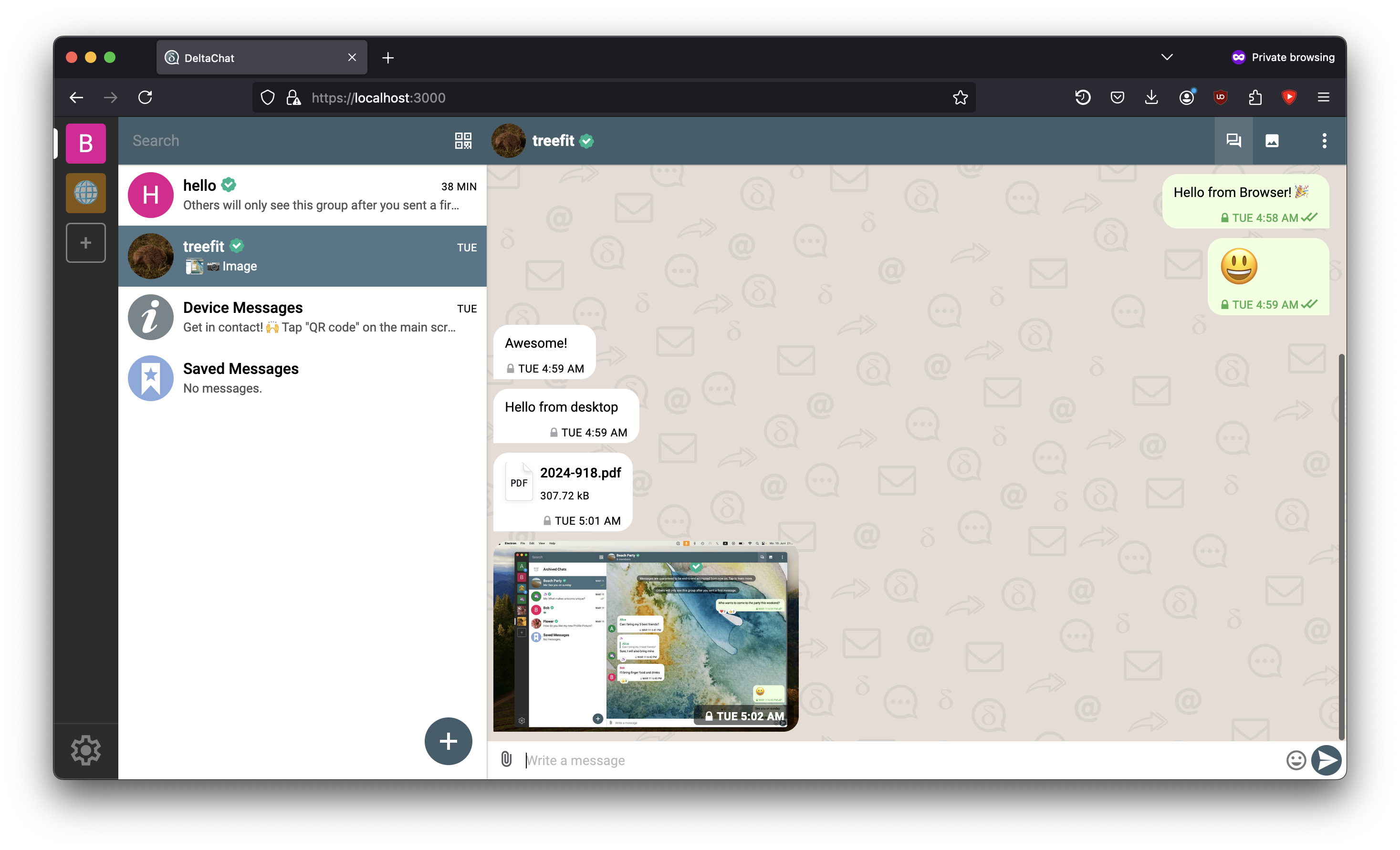Delta Chat Desktop UI running in the Firefox Browser